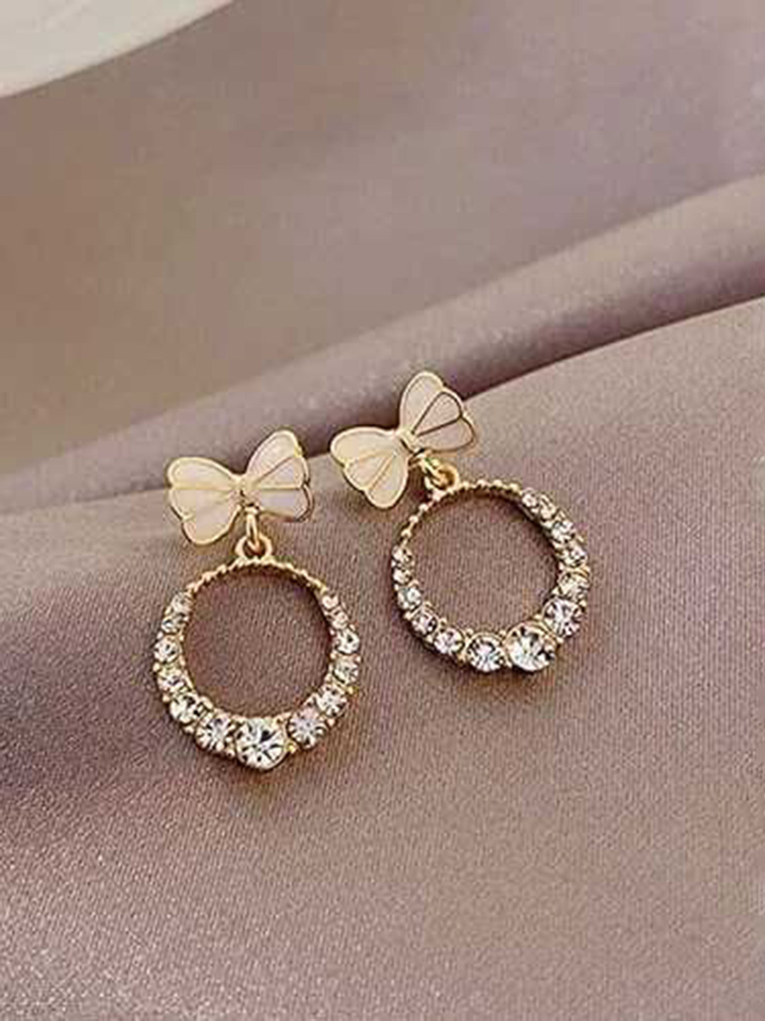 Bling Queen Gold-Plated Cubic Zirconia Studded Bowtie Knot Drop Earrings