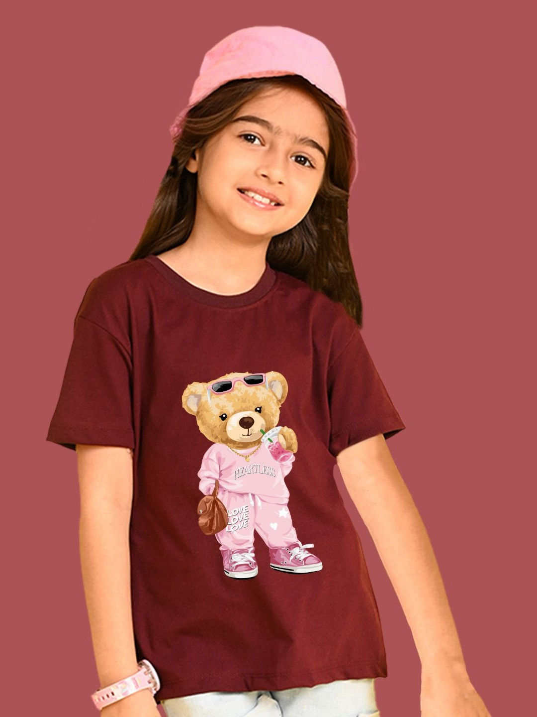 NUSYL Girls Cute Bears Printed Round Neck Short Sleeves Oversized T-shirt