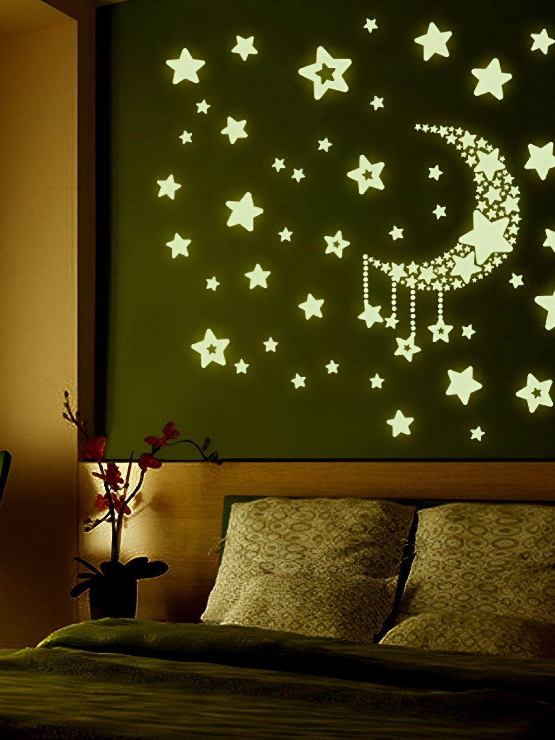 INDIAN ROYALS Green Radium Moon & Falling Stars Printed Self-Adhesive WallStickers