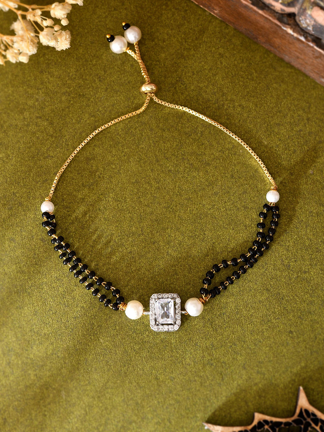 Anouk Silver-Plated Rectangle Shaped AD Stone Studded & Beaded Mangalsutra Bracelet