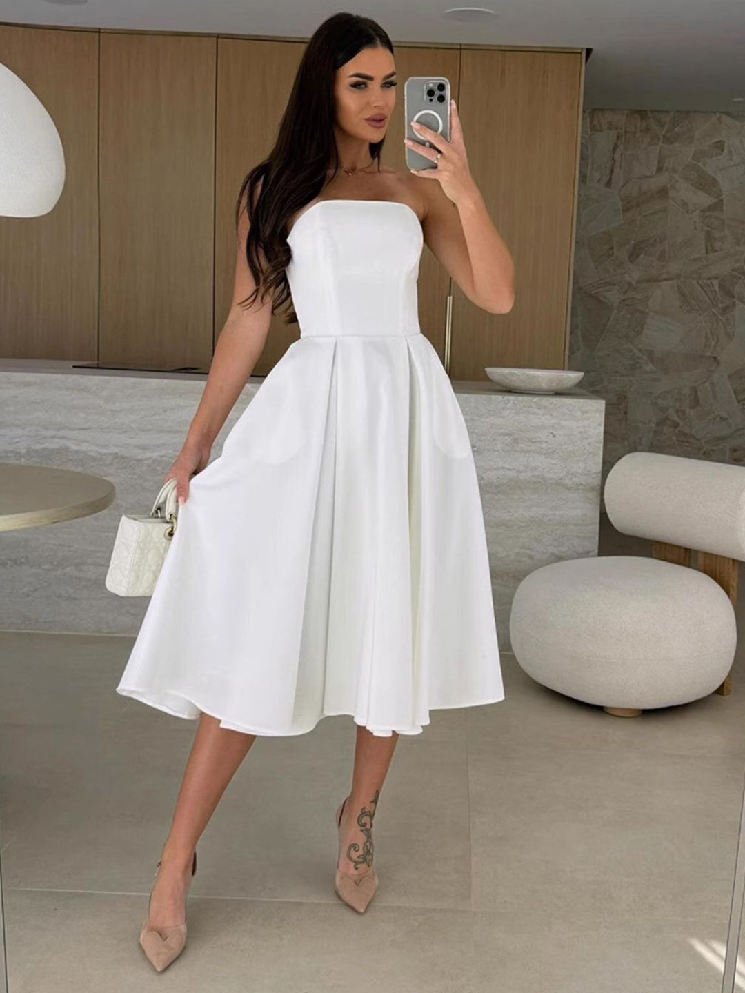 bebe White Strapless Box Pleat Fit & Flare Midi Dress