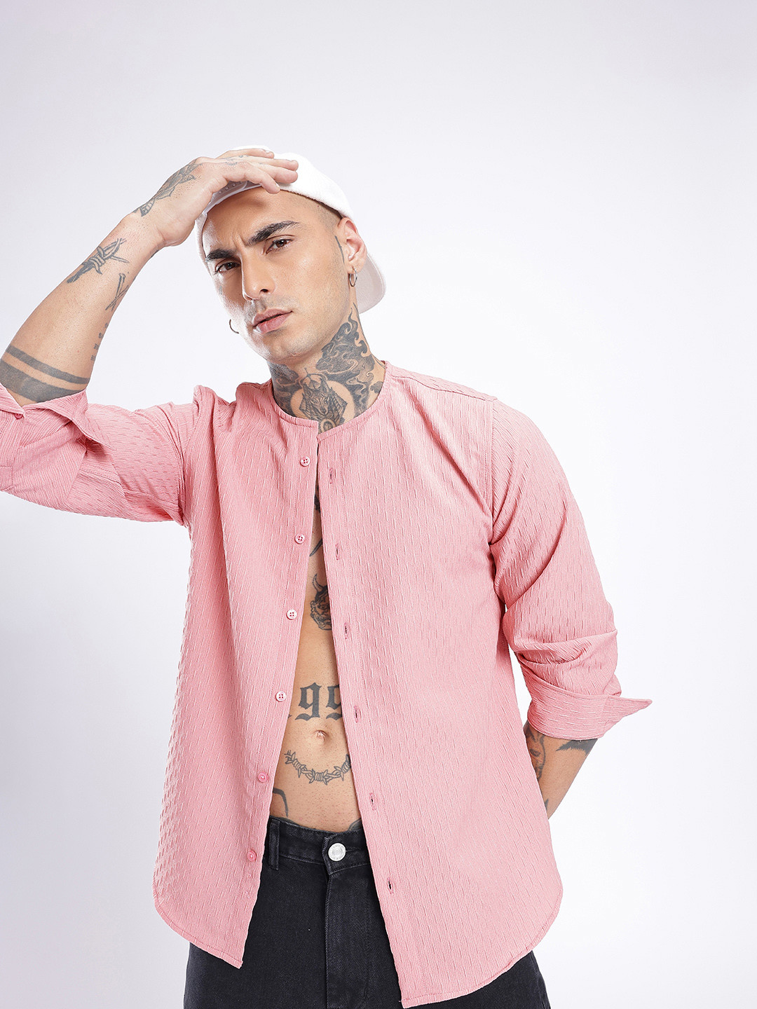 glitchez Collarless Self Design Shirt