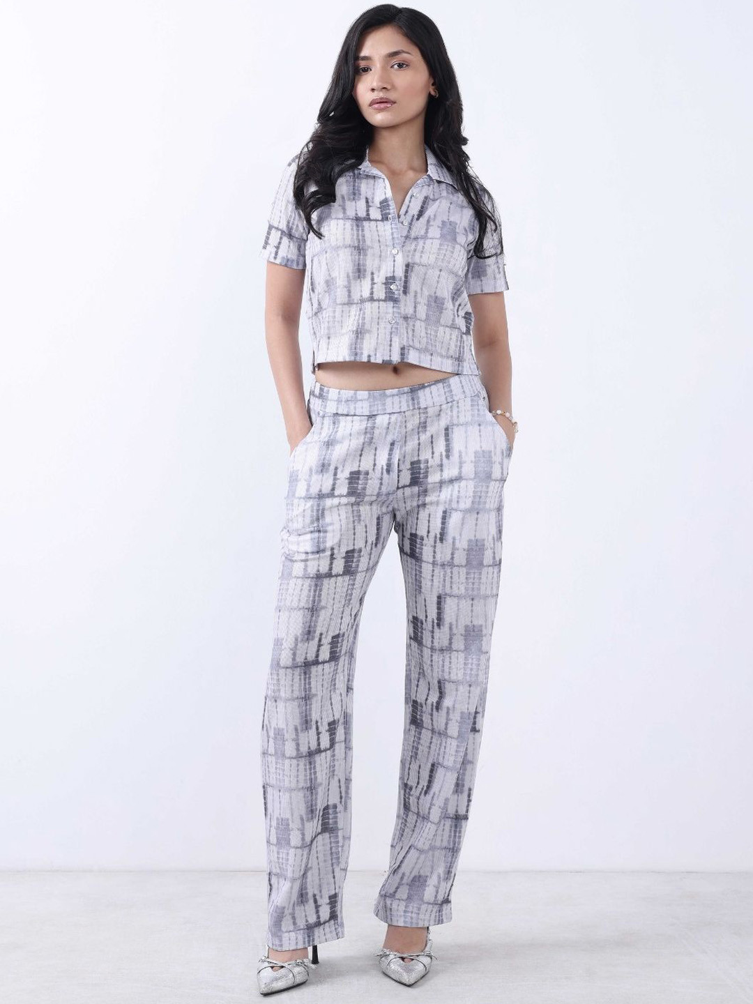 Bonnaty Grey Crop Shirt With Trousers Co-Ords Set