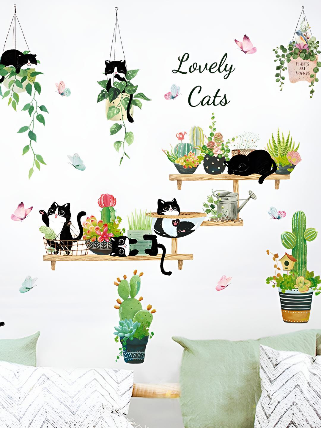 INDIAN ROYALS Green & Black Cats Printed Self-Adhesive & Durable Wall Sticker