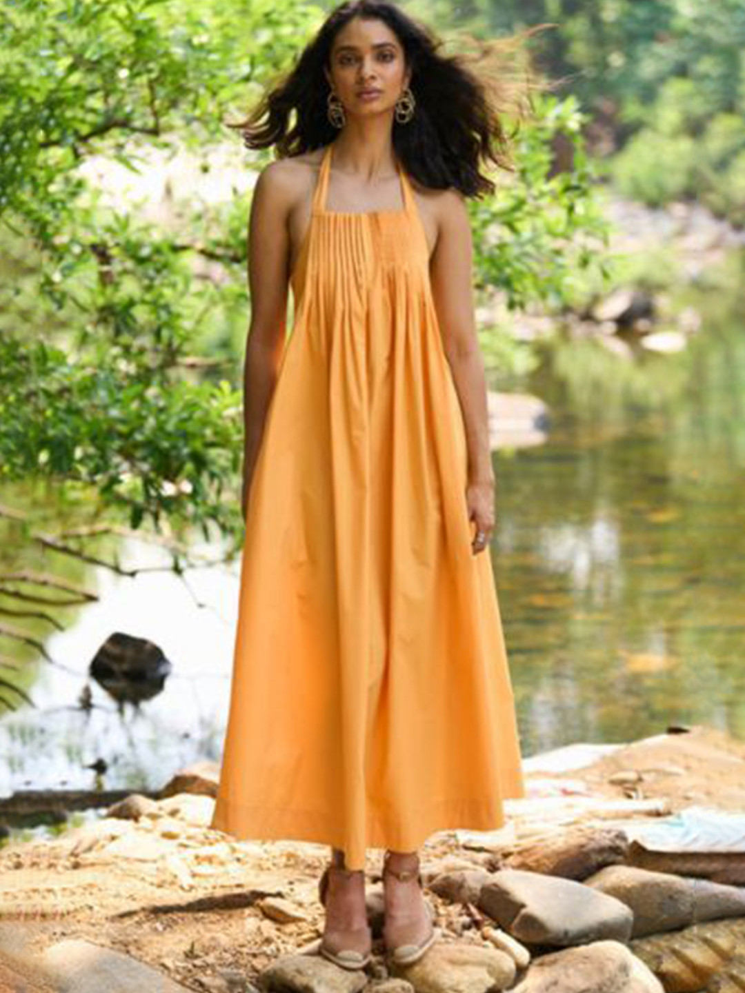 Dash and Dot Women Yellow Poplin Halter Neck Tie-Ups Detail Backless Maxi Dress