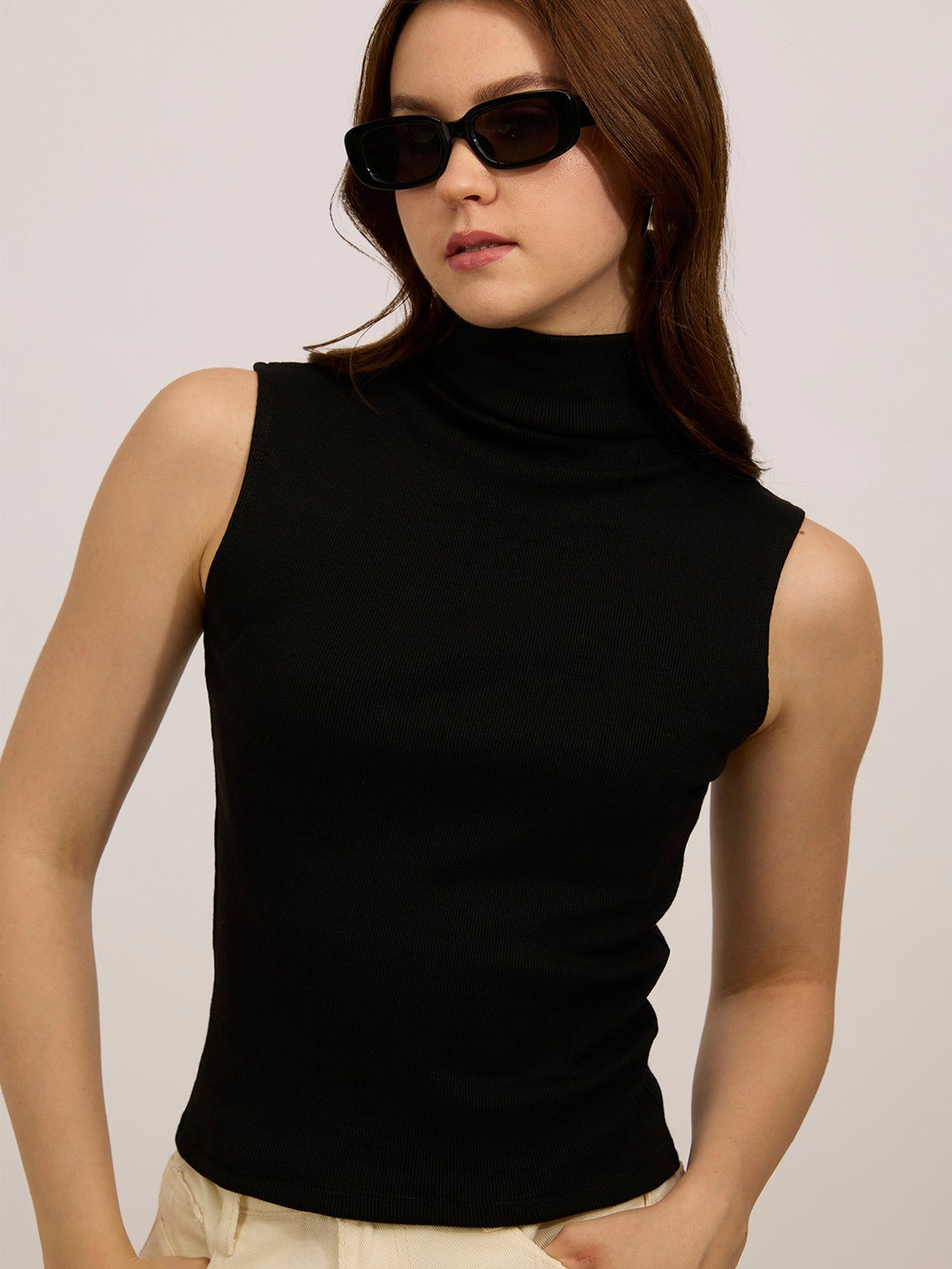 Outzidr Black High Neck Solid Ribbed Top