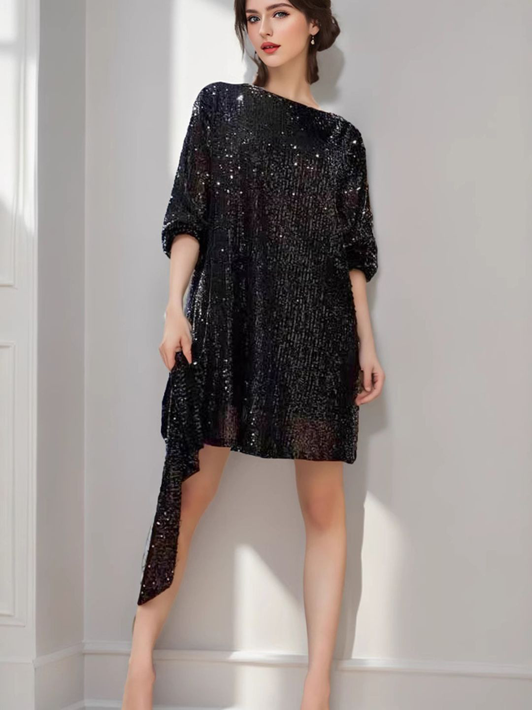 bebe Black Sequin Boat Neck Batwing Sleeve Mini Dress
