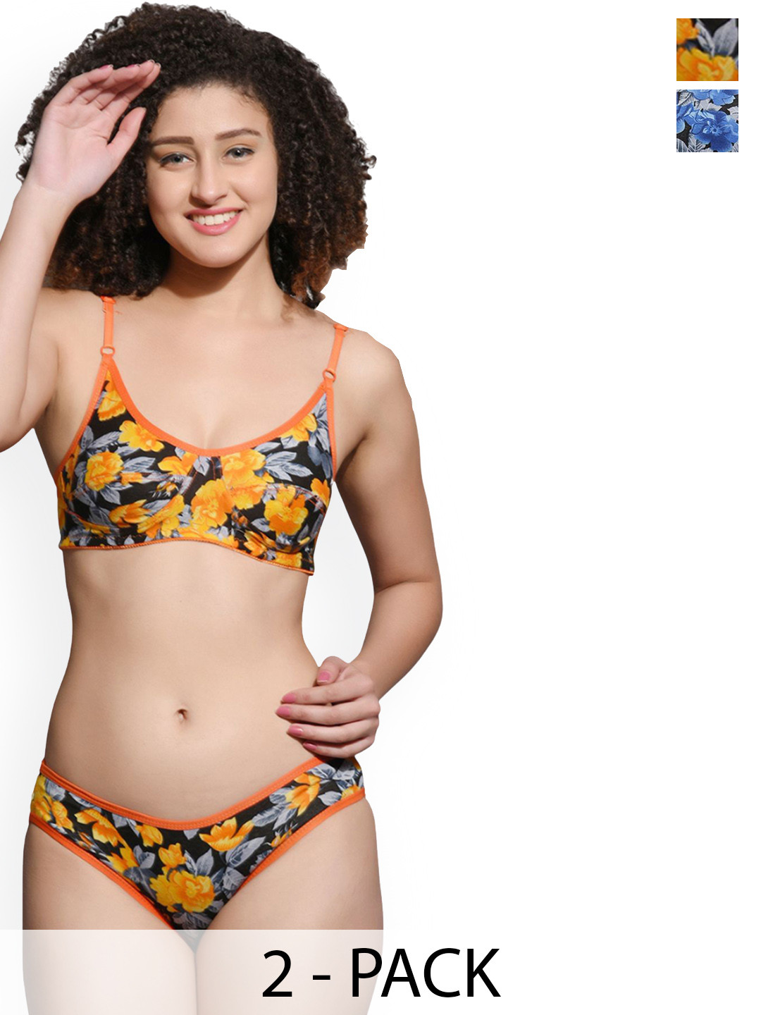 Love Maker Pack Of 2 Floral Printed Non-Wired Non Padded Lingerie Set LVM-333-ORG-BLU-30B