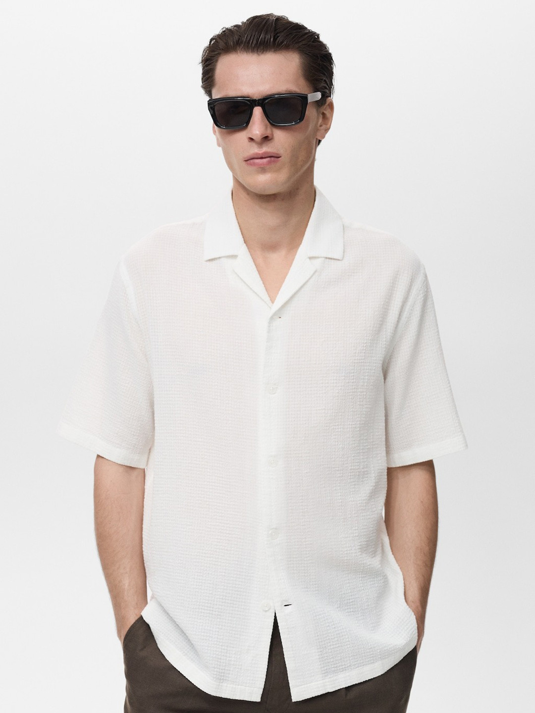 MANGO MAN Cuban Collar Seersucker Drop-Sleeves Pure Cotton Relaxed Fit Shirt