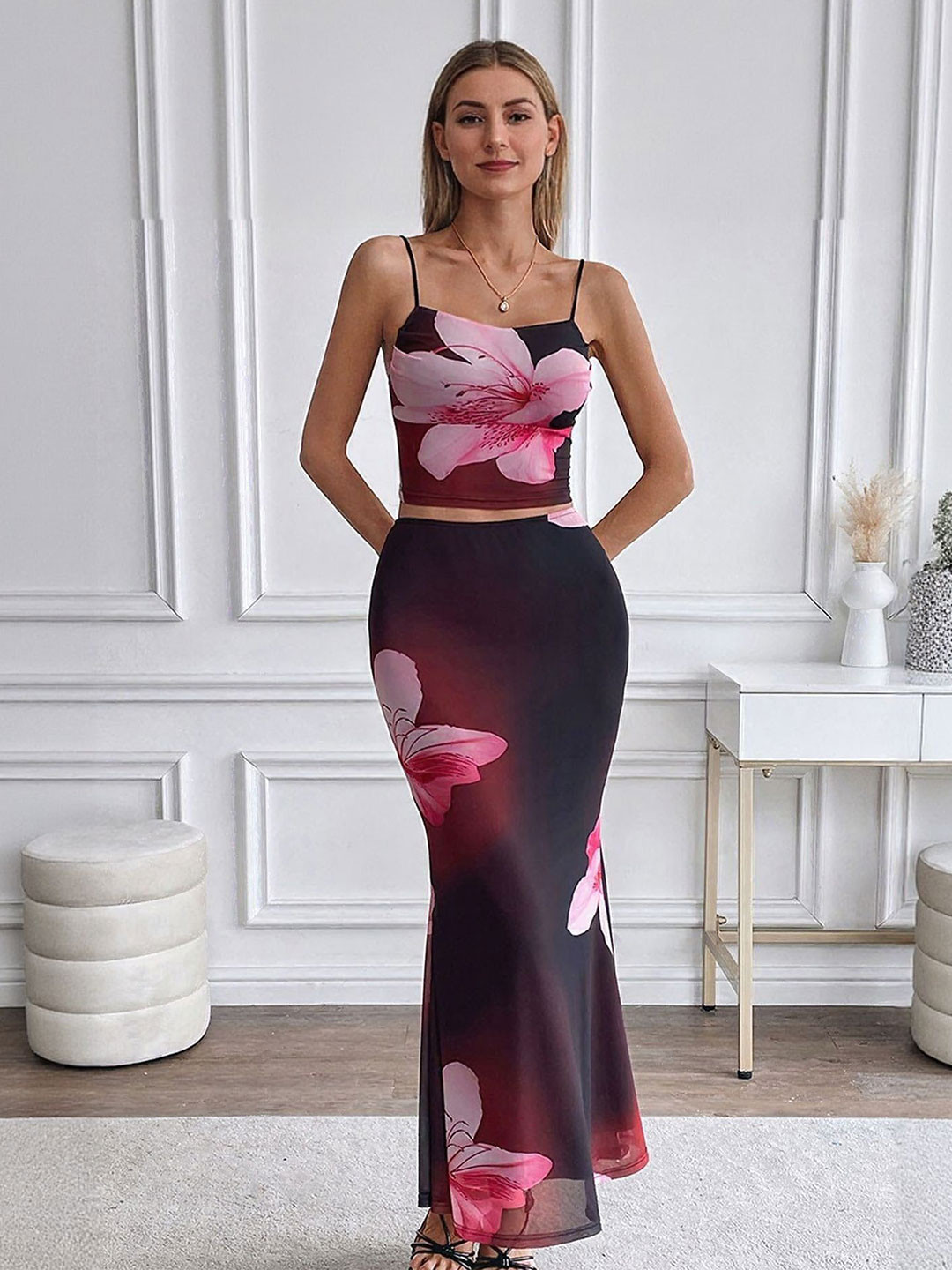 Outzidr Pink Floral Print Slip Dress