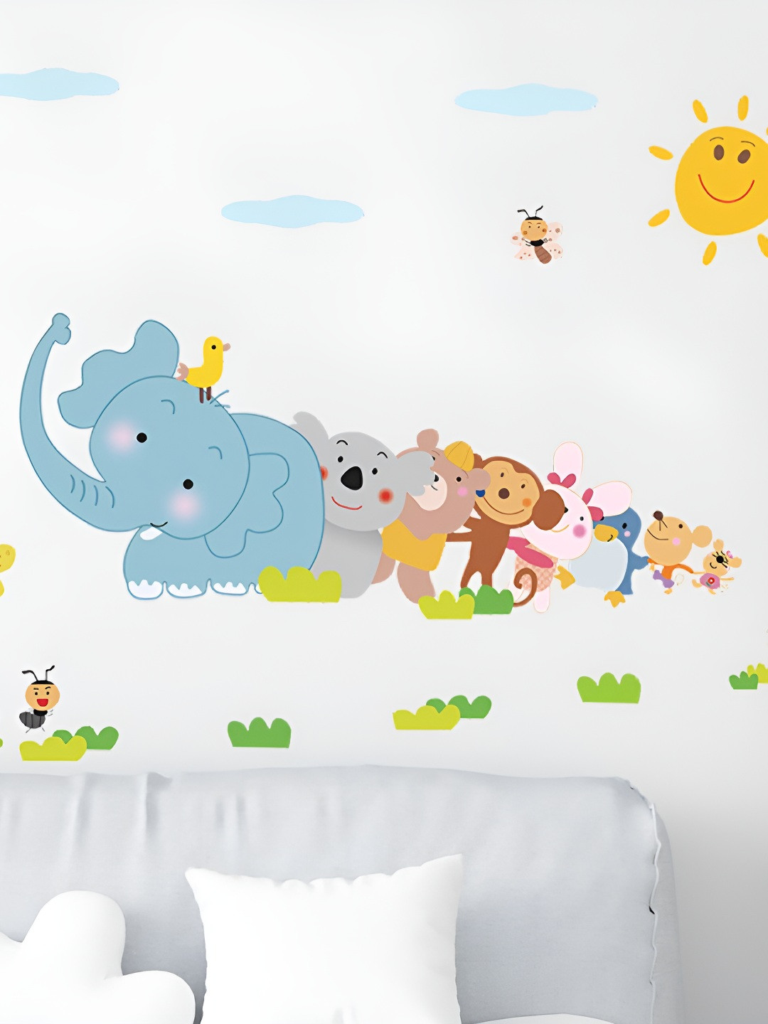 INDIAN ROYALS Blue & Yellow Cartoon Animals Butterflies Sun Self Adhesive Wall Sticker