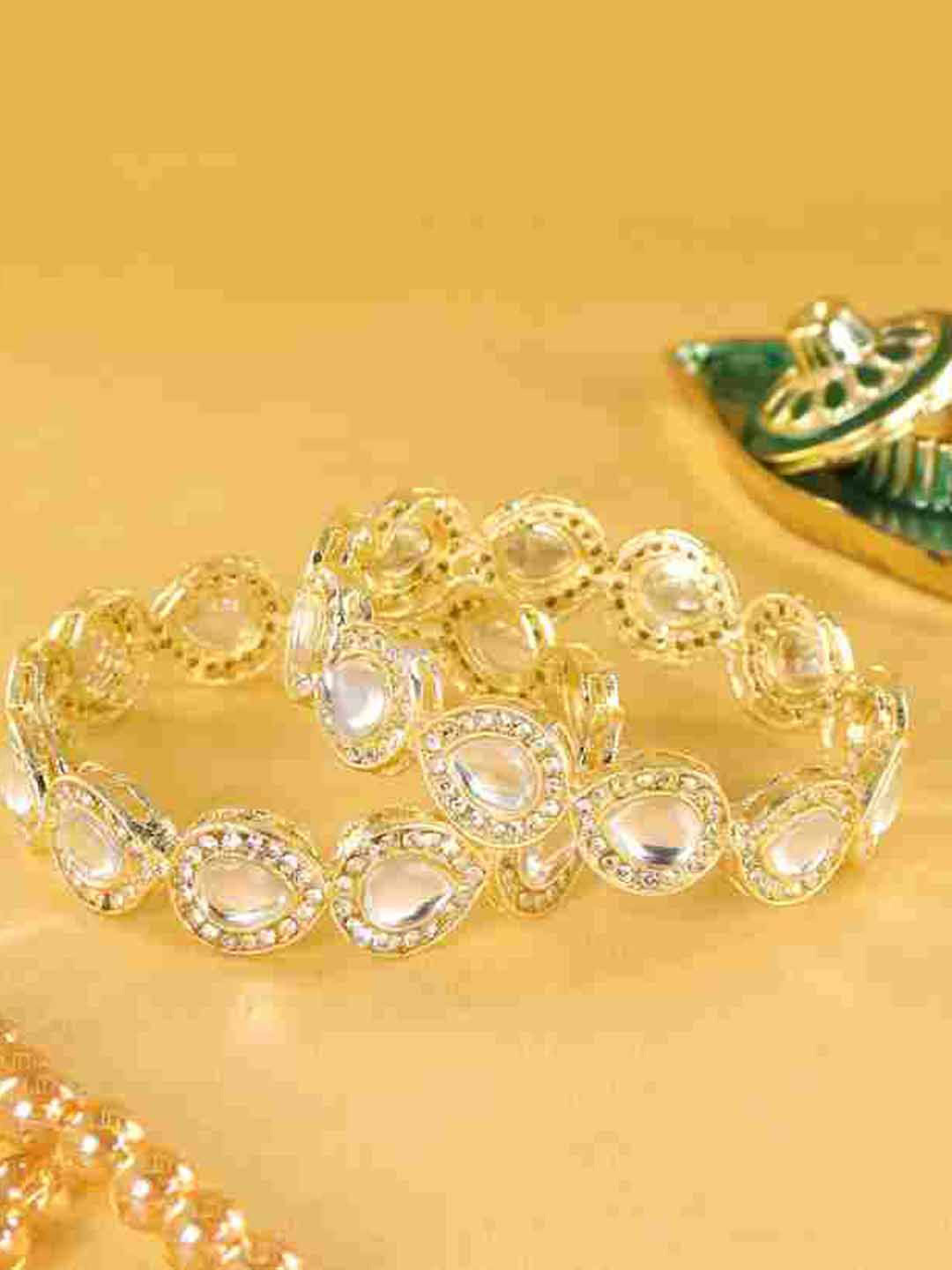 ZULKA Set Of 2 Gold-Toned Moti & Zircon-Studded Bangles