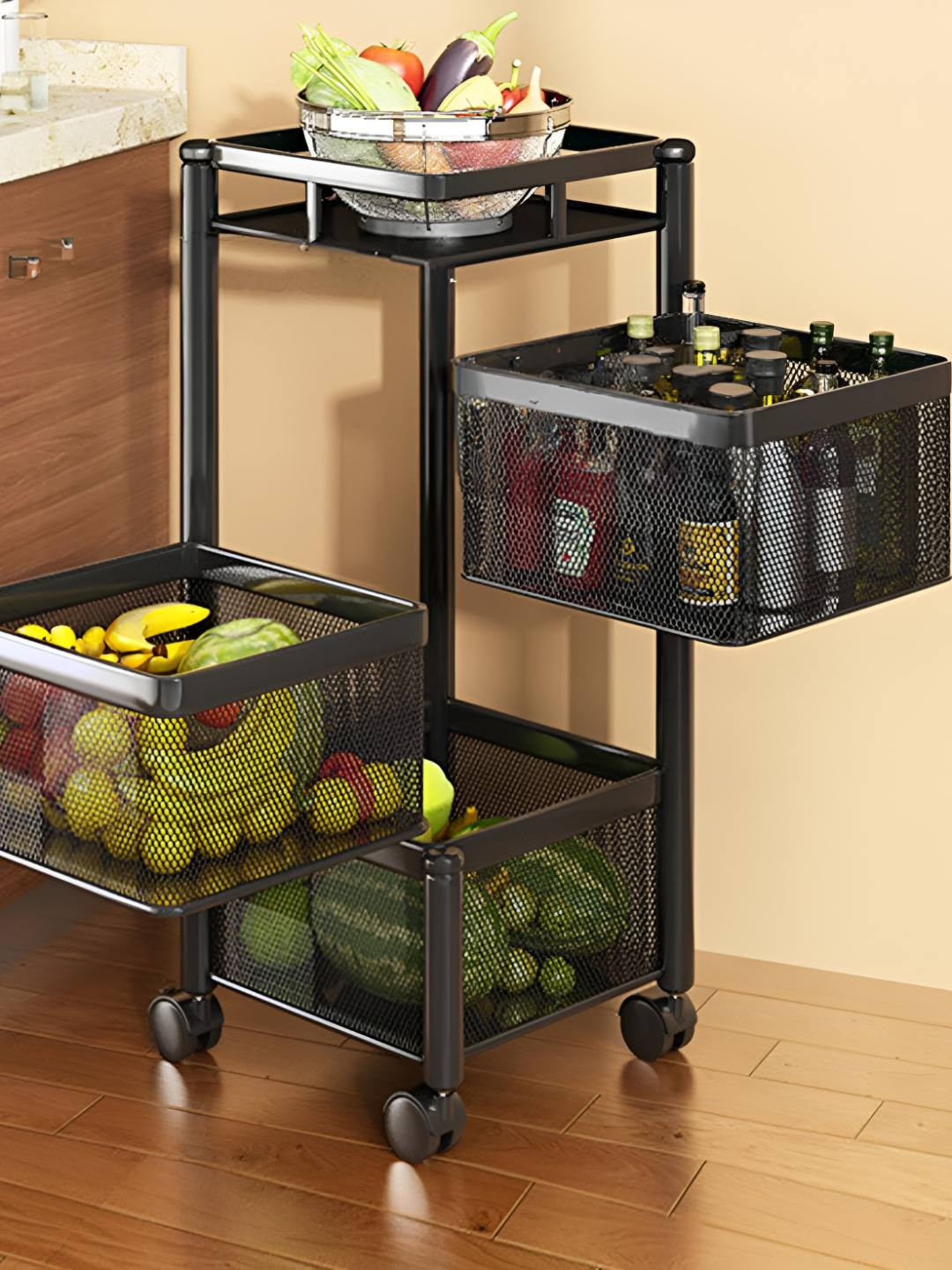 TEX-RO Black 3 Layer Metal Kitchen Trolley With Wheels