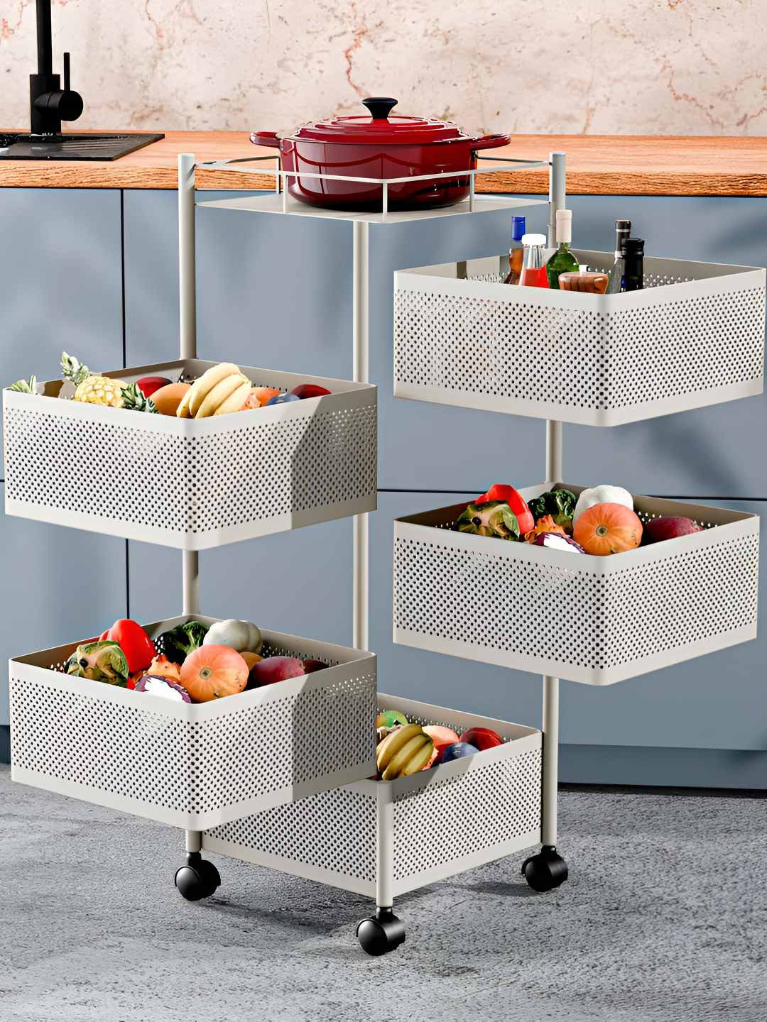 TEX-RO White 5 Layer Metal Kitchen Trolley With Wheels
