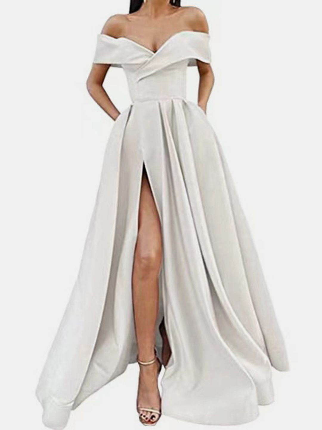 bebe Solid Off Shoulder Sweetheart Neck High Slit Maxi Gown Dress
