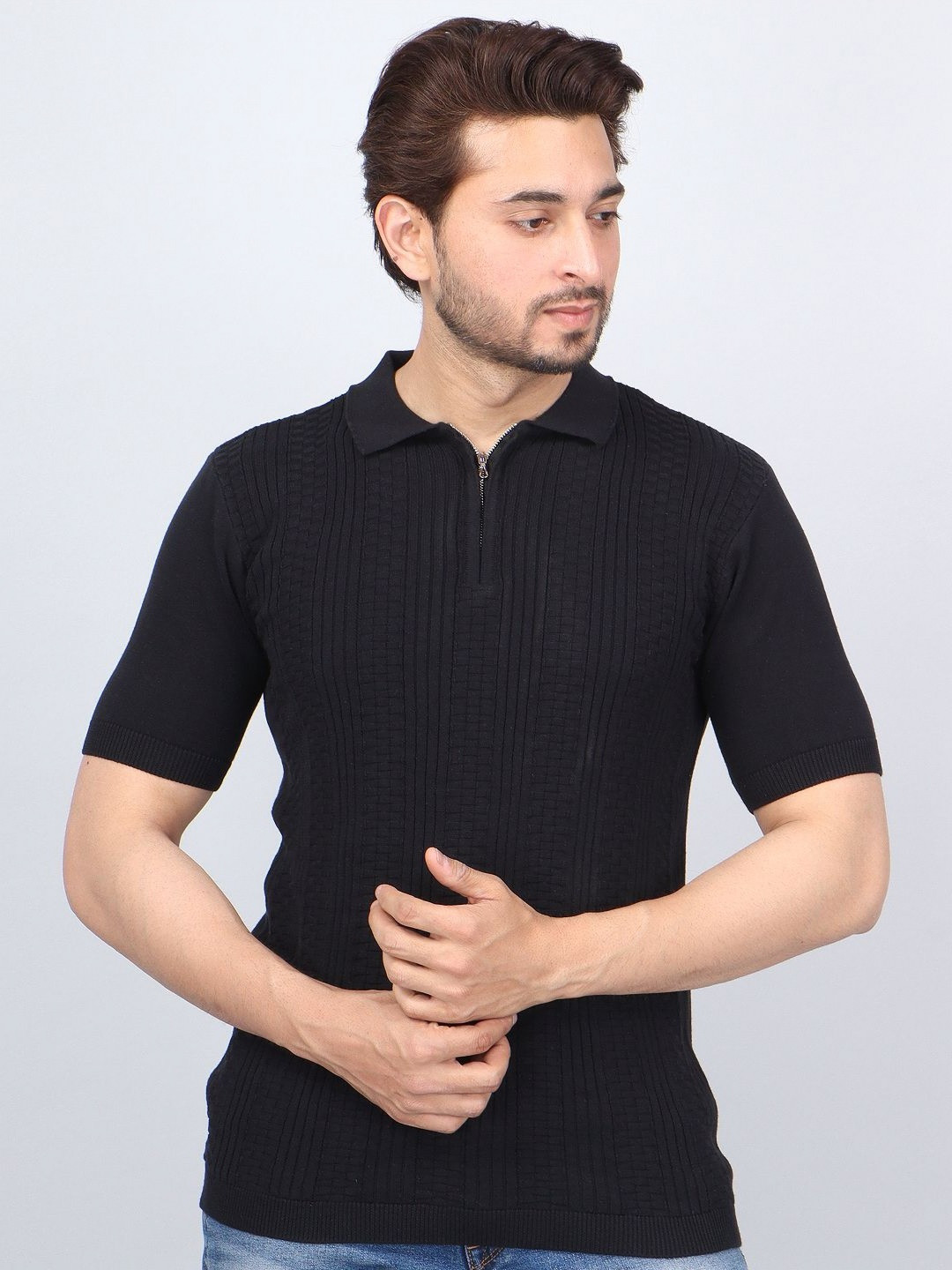 FEVERFEW Adults Self Design Polo Collar Pure Cotton Regular Fit T-shir