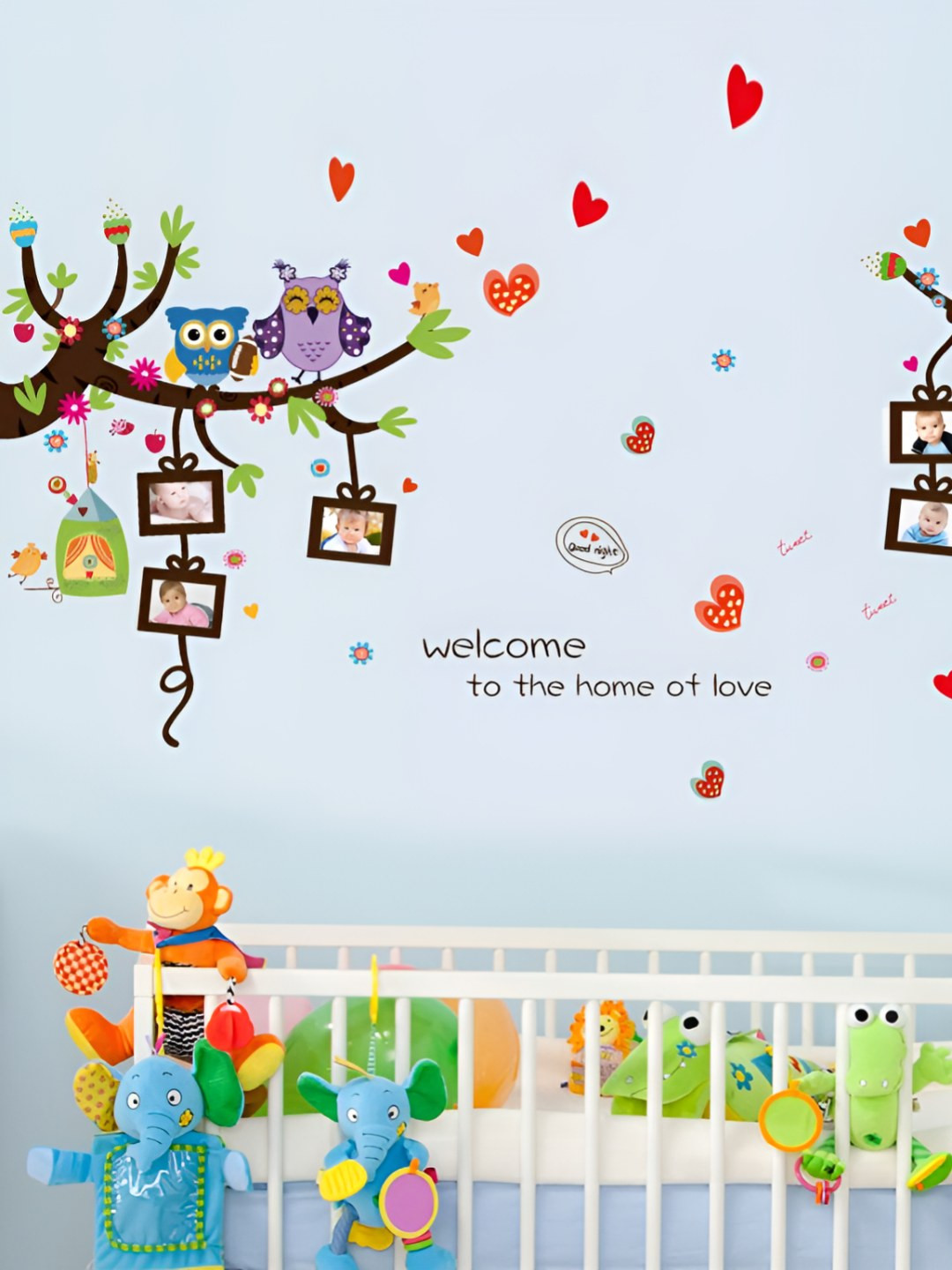 INDIAN ROYALS Green & Red Cartoon Owl Photo Frame Self Adhesive Wall Sticker