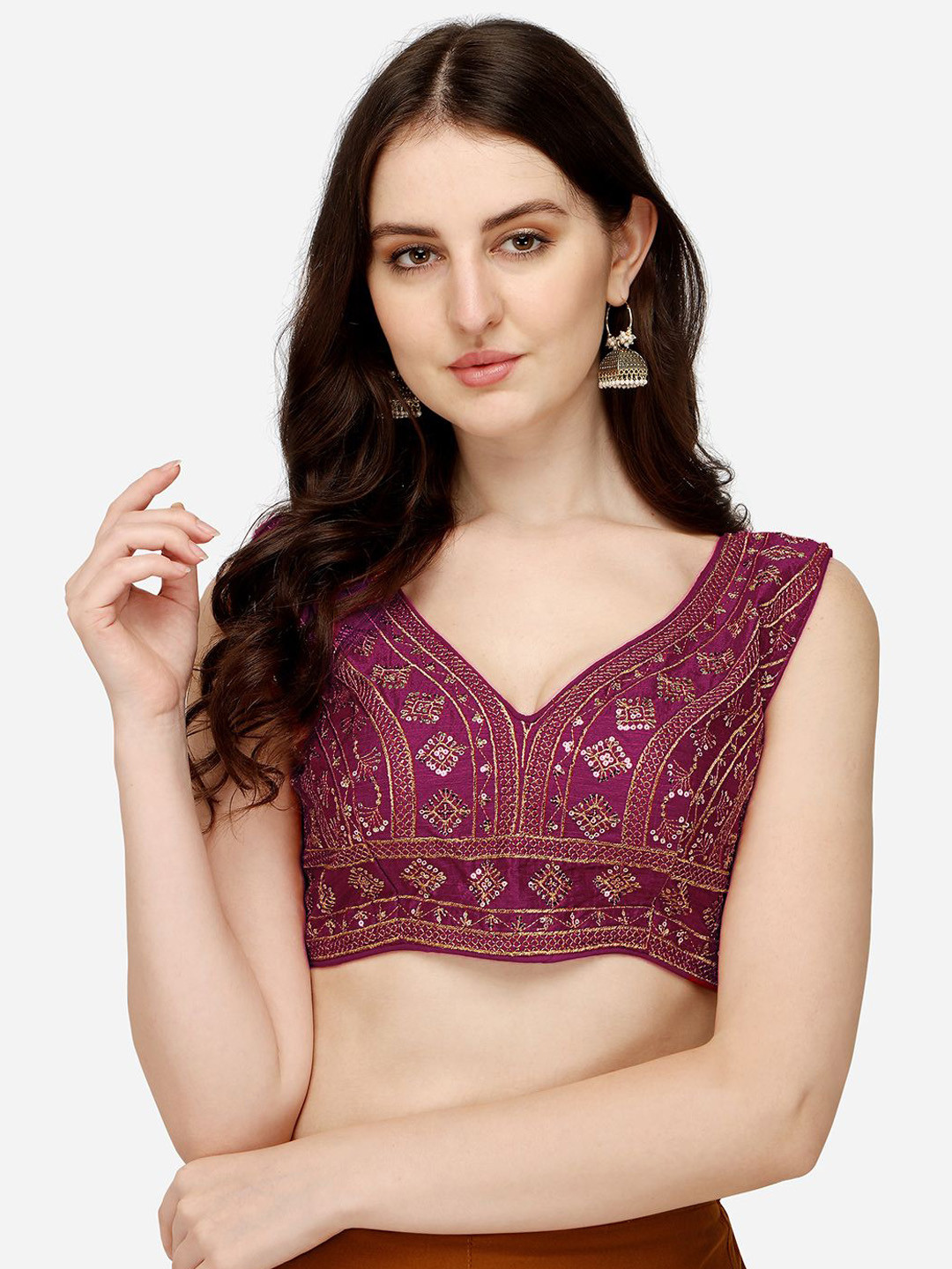 HERE&NOW Silk Embroidery Sequins Zari Work Readymade Saree Blouse