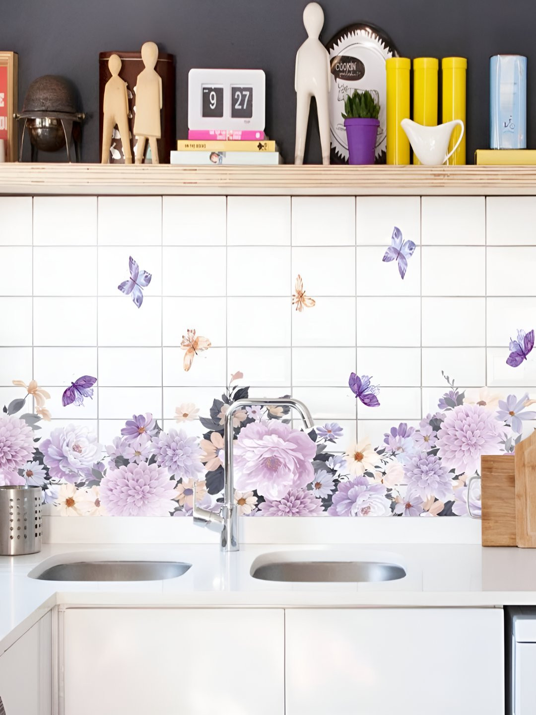 INDIAN ROYALS Purple & White Flower Printed Self-Adhesive & Durable Wall Sticker