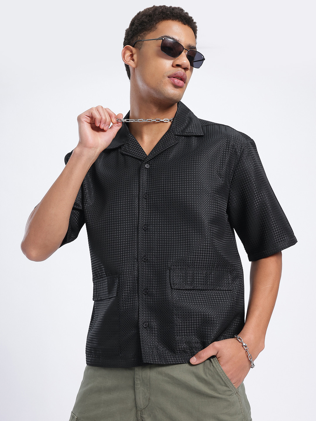 glitchez Textures Geometric Woven Design Relaxed Shirt