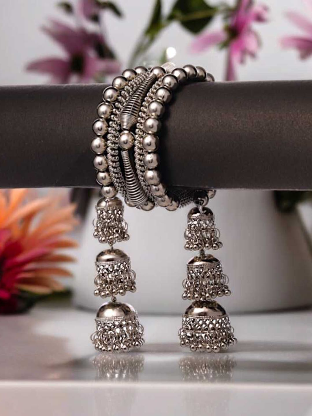 Bling Queen Silver-Plated Oxidized bangle-Style Bracelet With Jhumki Hangings
