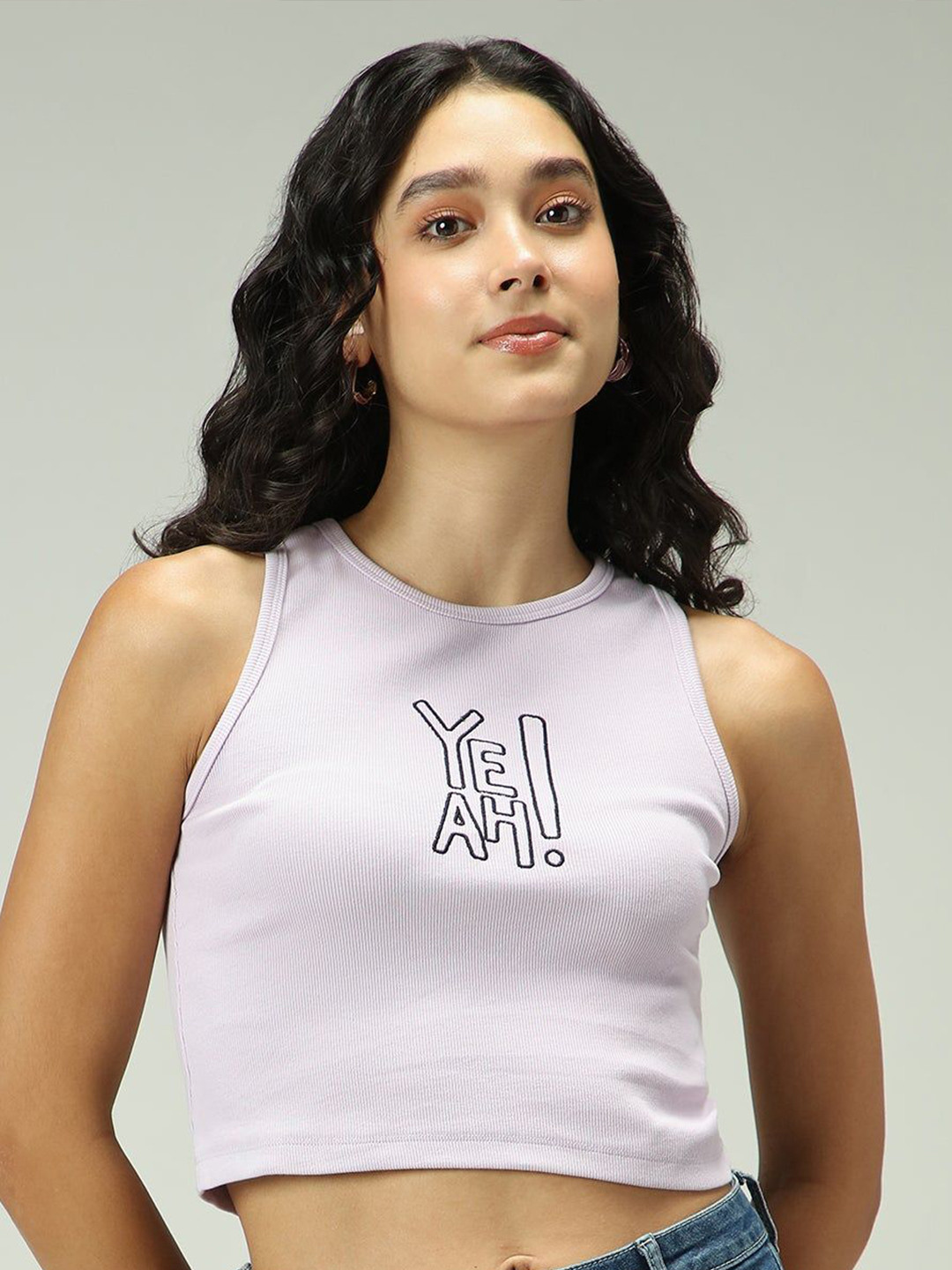 Outzidr Beige Solid Embroidered Tank Top