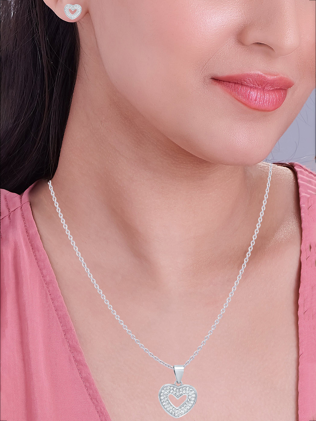 Nipura 925 Sterling Silver Rhodium Plated Cubic Zirconia Pave Cut Heart Shaped Pendant Set