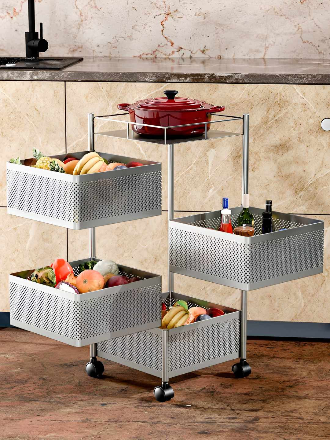 TEX-RO Silver-Toned 4 Layer Metal Round Kitchen Trolley With Wheels