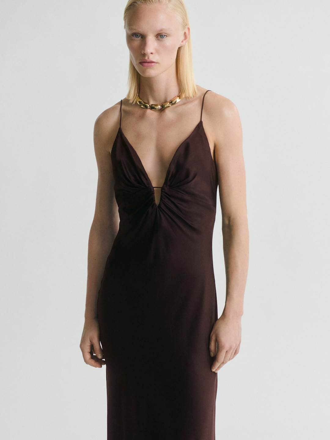 MANGO Shoulder Straps Ruched Maxi Dress