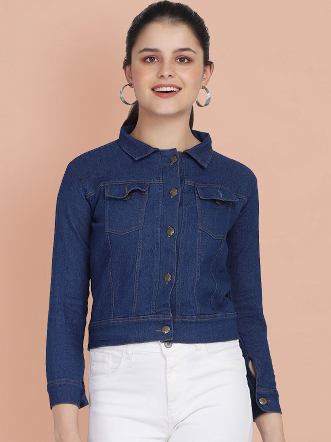 BUY NEW TREND Spread Collar Buttoned Crop Denim Jacket