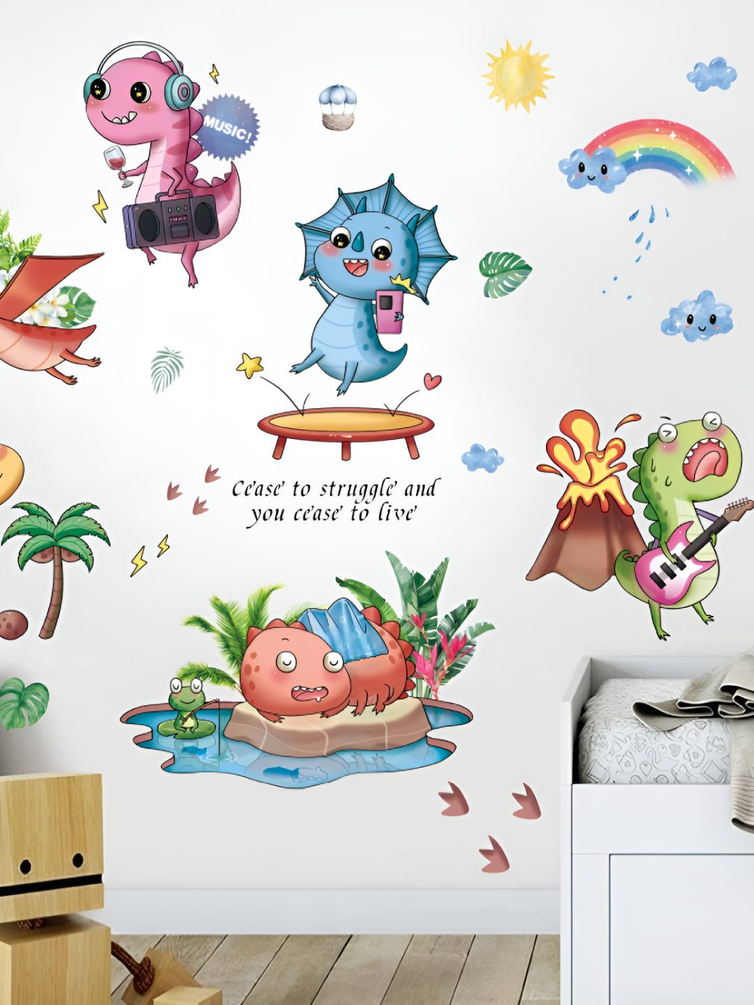 INDIAN ROYALS Pink & Blue Animals With Musical Instruments Self Adhesive Wall Sticker