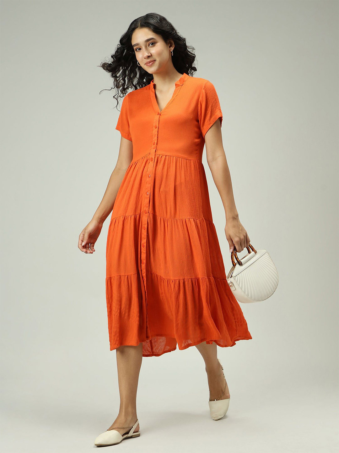 Outzidr Button Down Tiered Midi Dress