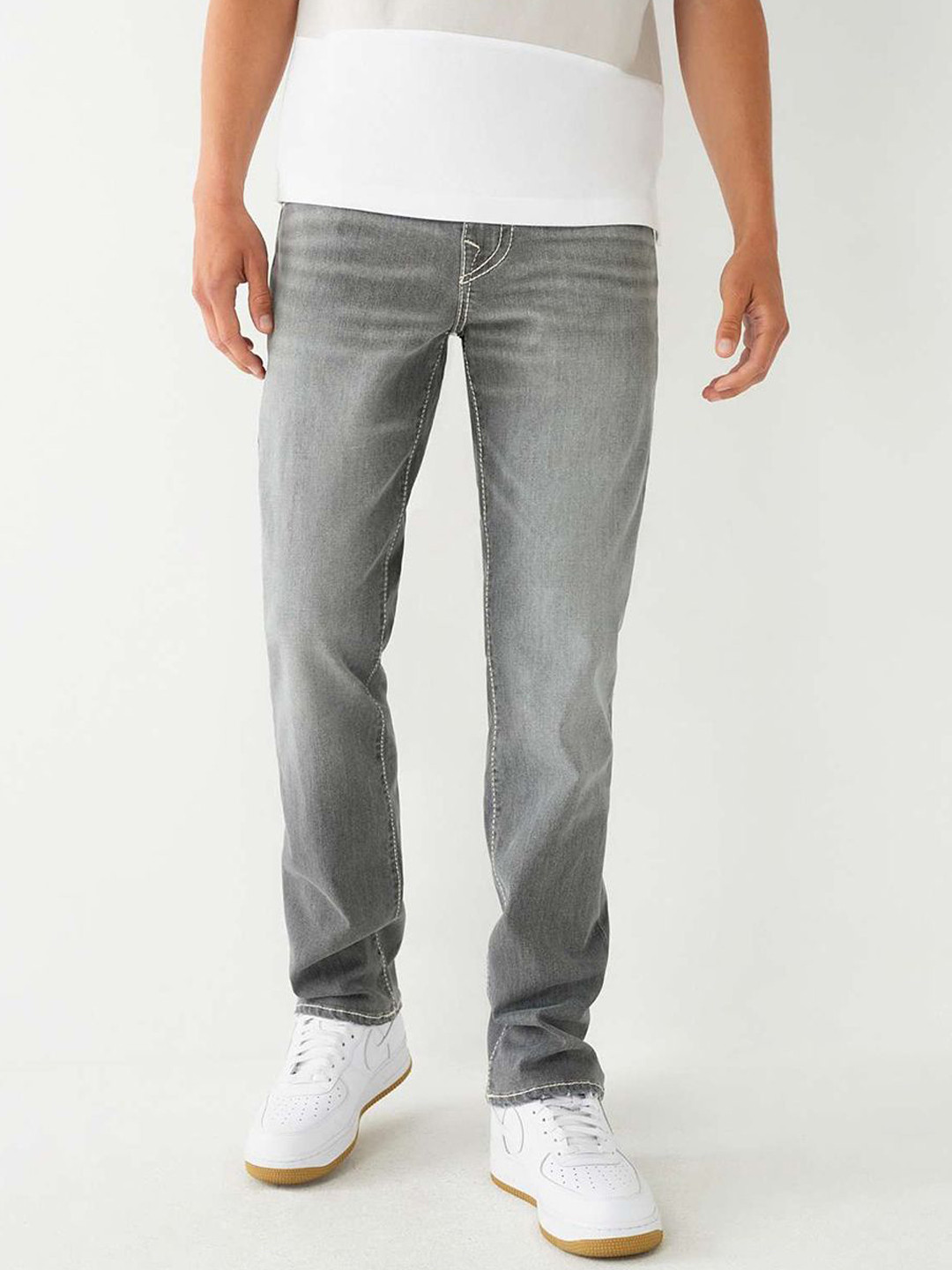 True Religion Men Straight Fit Mid-Rise Low Distress Light Fade Jeans