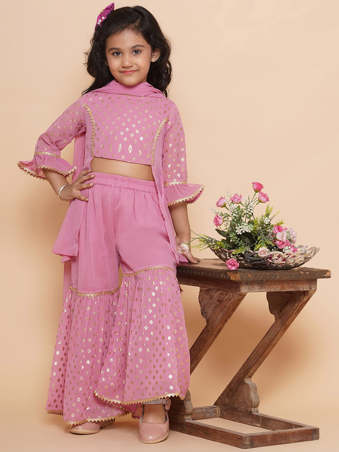Aj DEZInES Girls Foil Printed Panelled Kurta & Sharara With Dupatta Set