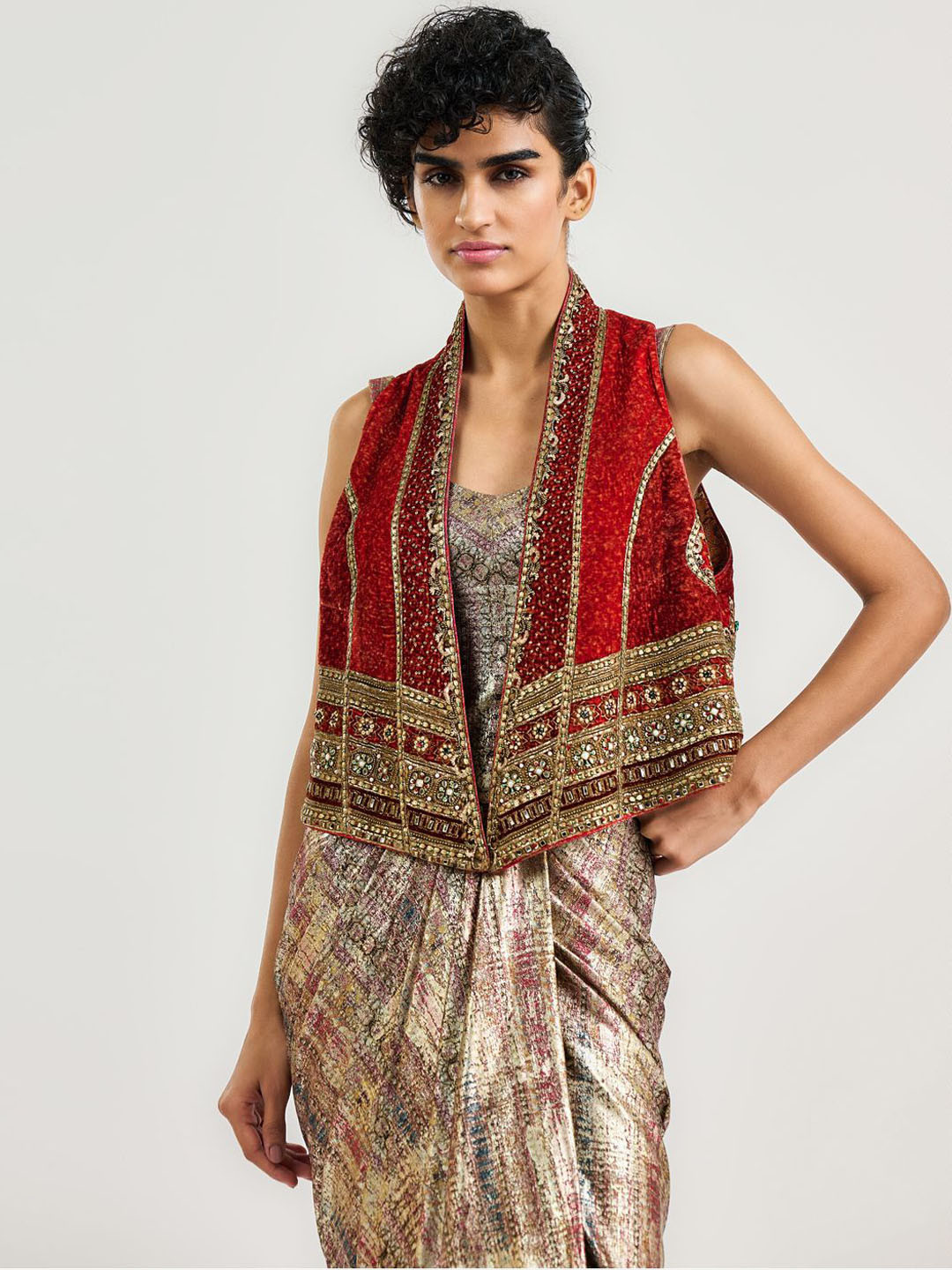 OTT Tarun Tahiliani Floral Embroidered Longline Open Front Jacket