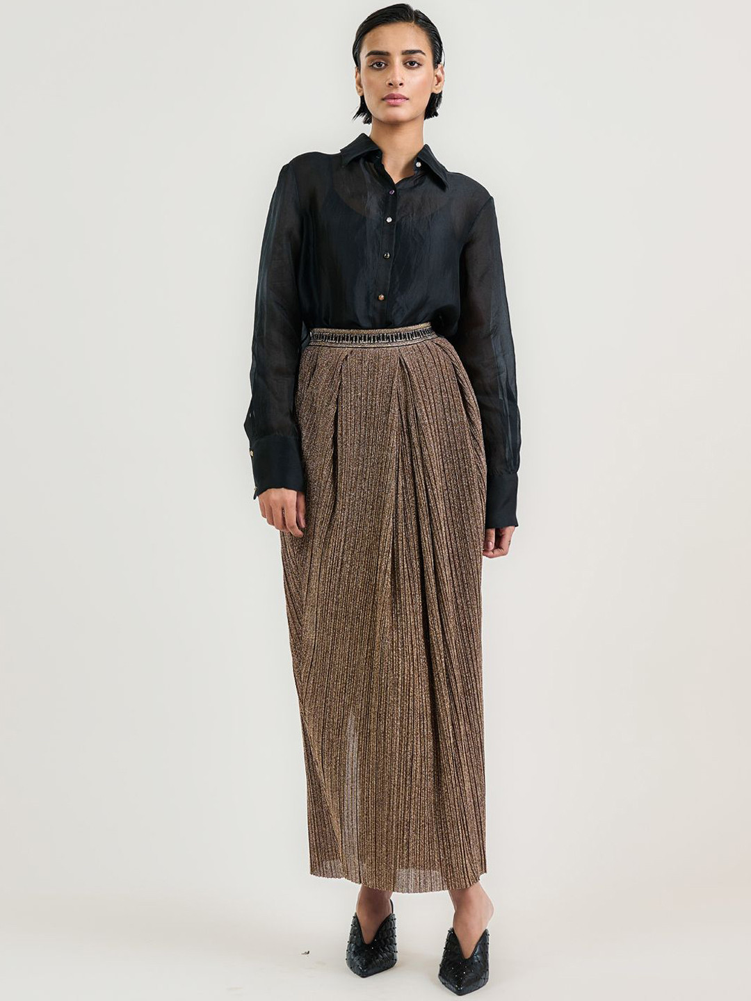 OTT Tarun Tahiliani Self Design Pleaetd Flared Maxi Skirt