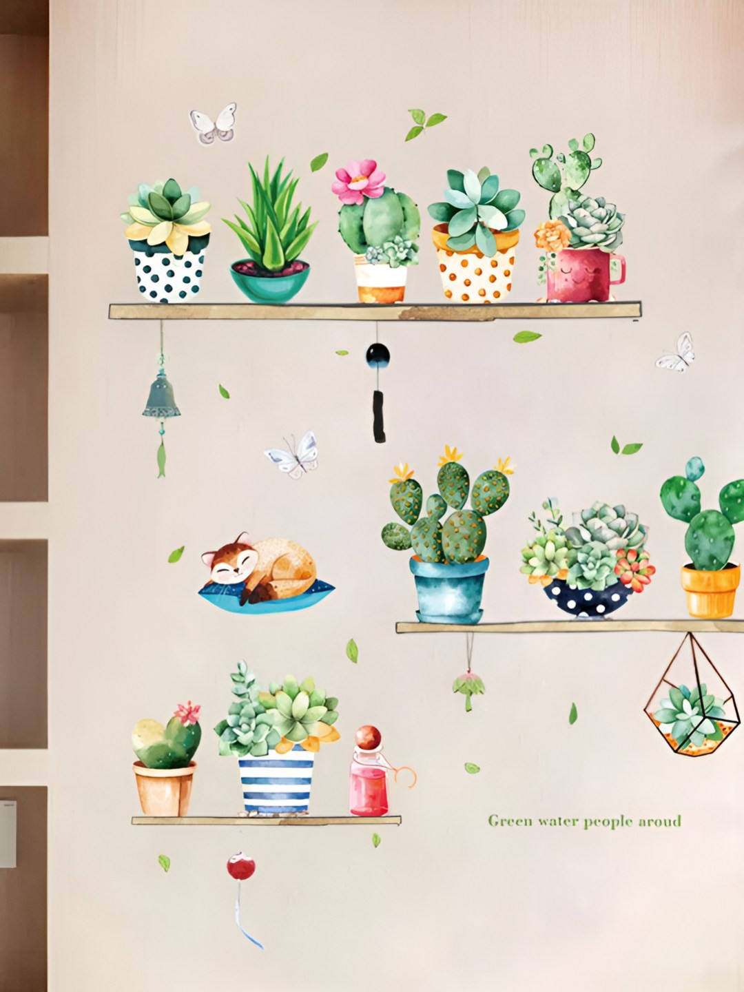 INDIAN ROYALS Green & Blue Cactus Potted Plants Waterproof Self Adhesive Wall Sticker