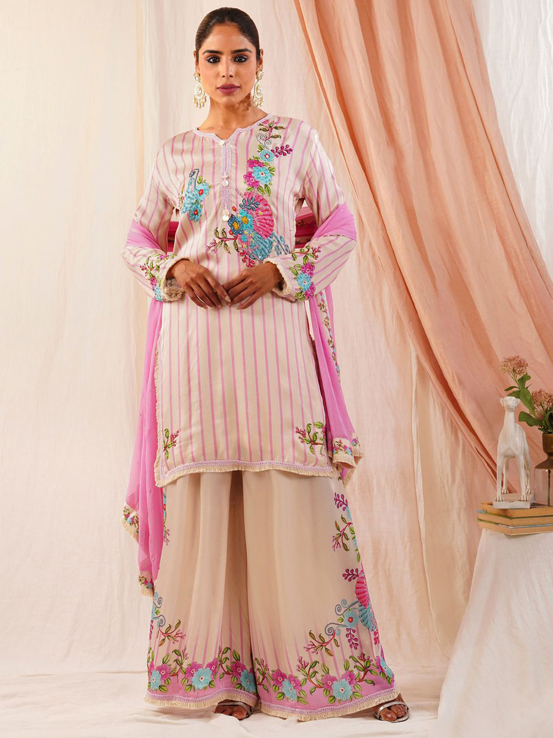 Shop Begum Rubaroo Floral Embroidered Pure Cotton Kurta With Palazzos & Dupatta