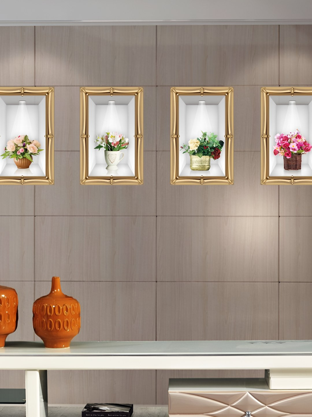 INDIAN ROYALS Green & Pink 3D Simulation Vase Self Adhesive Wall Sticker