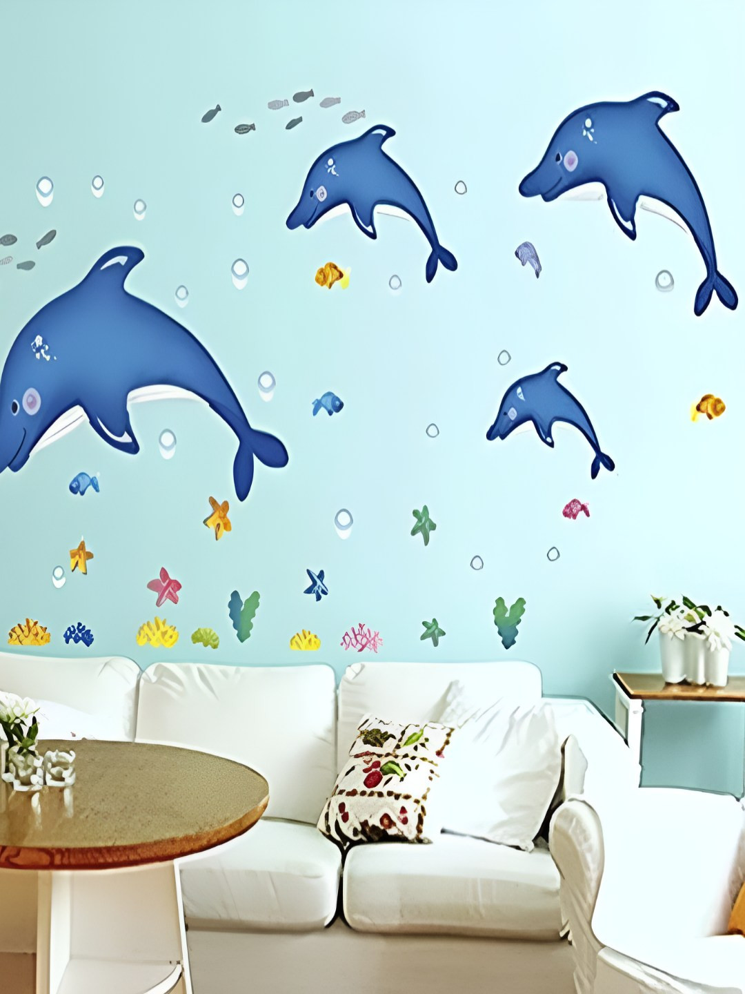 INDIAN ROYALS Blue & Green Dolphin Fish Printed Self-Adhesive & Durable Wall Sticker