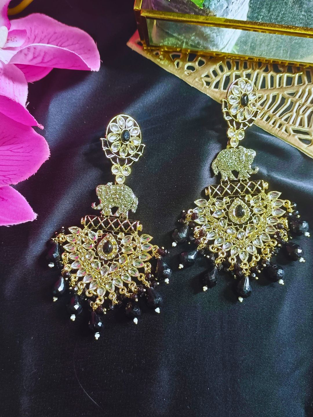 J & C Fashion Arena Gold-Plated Stones Studded & Beaded Animal Shaped Drop Earrings