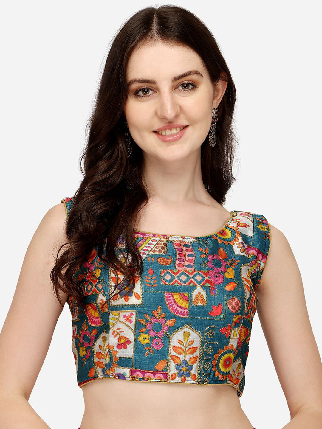 HERE&NOW Women's Phantom Silk Floral Sleeveless Saree Blouse