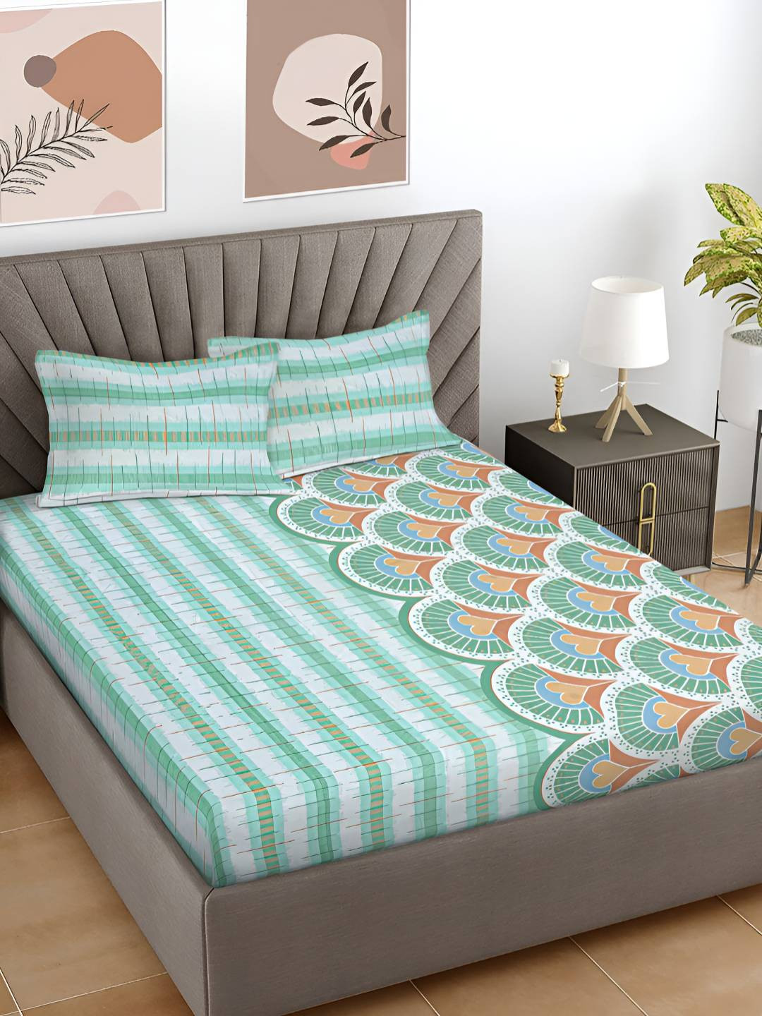 FABINALIV Green Self Design Polycotton Skin-Friendly 300 TC King Fine Bedsheet with 2 Pillow Covers-98 x 89 inches