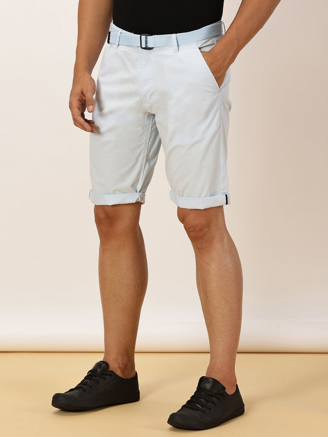 beevee Sky Men Solid Mid-Rise Regular Fit Shorts with Belt