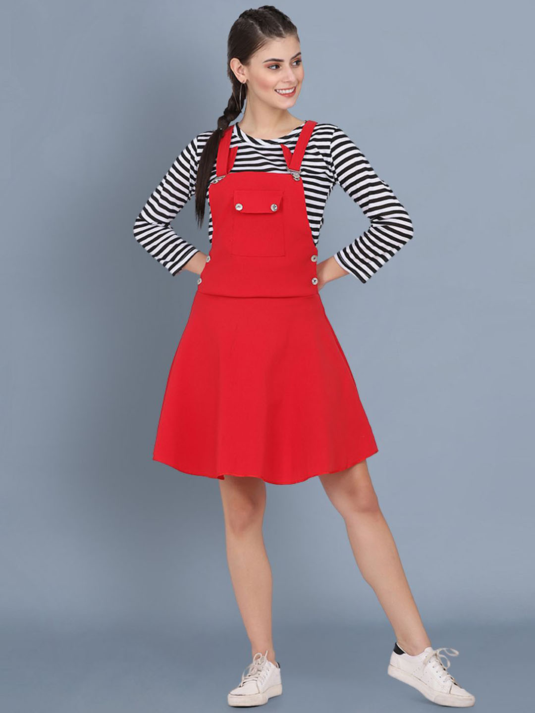 BuyNewTrend Cotton Lycra Red Striped Dungaree Dress and Top with Insert Pocket