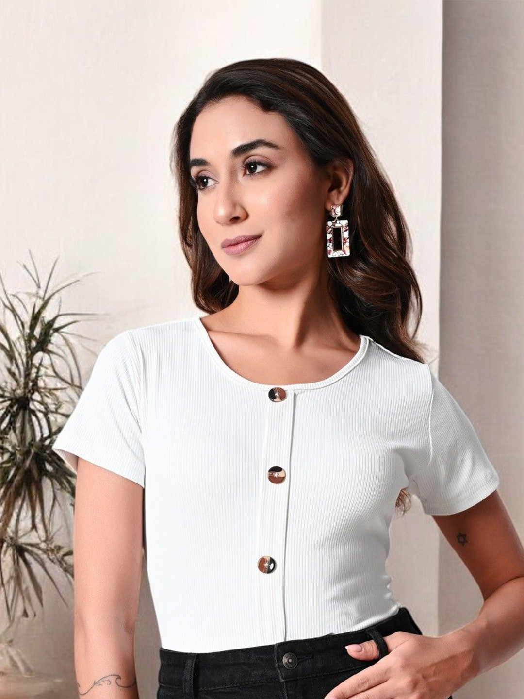 IUGA Women Solid Casual Ribbed Short Sleeve Buttoned Top