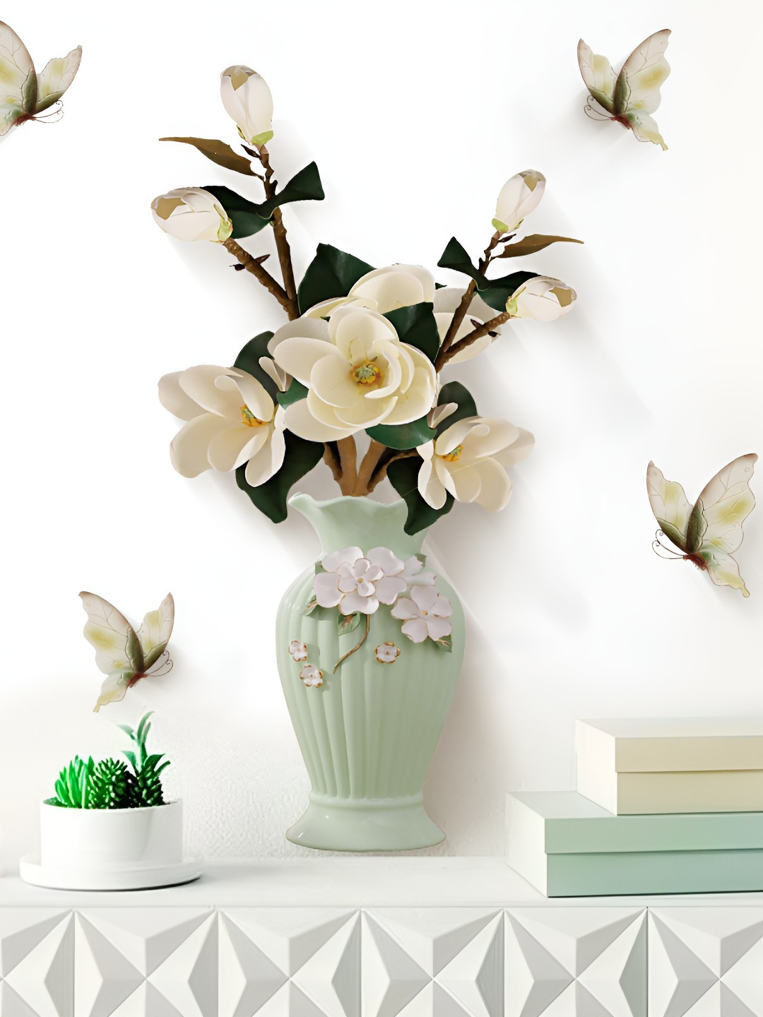 INDIAN ROYALS White & Green Vase 3D Floral Printed Waterproof Wallpaper