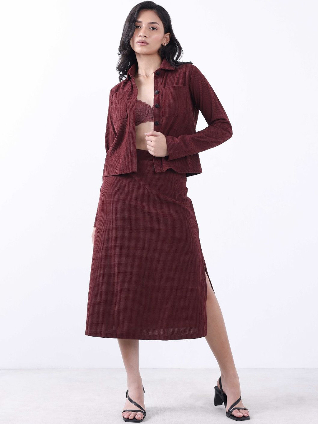 Bonnaty Women Brick Corduroy Jacket & Skirt Co-Ord Set