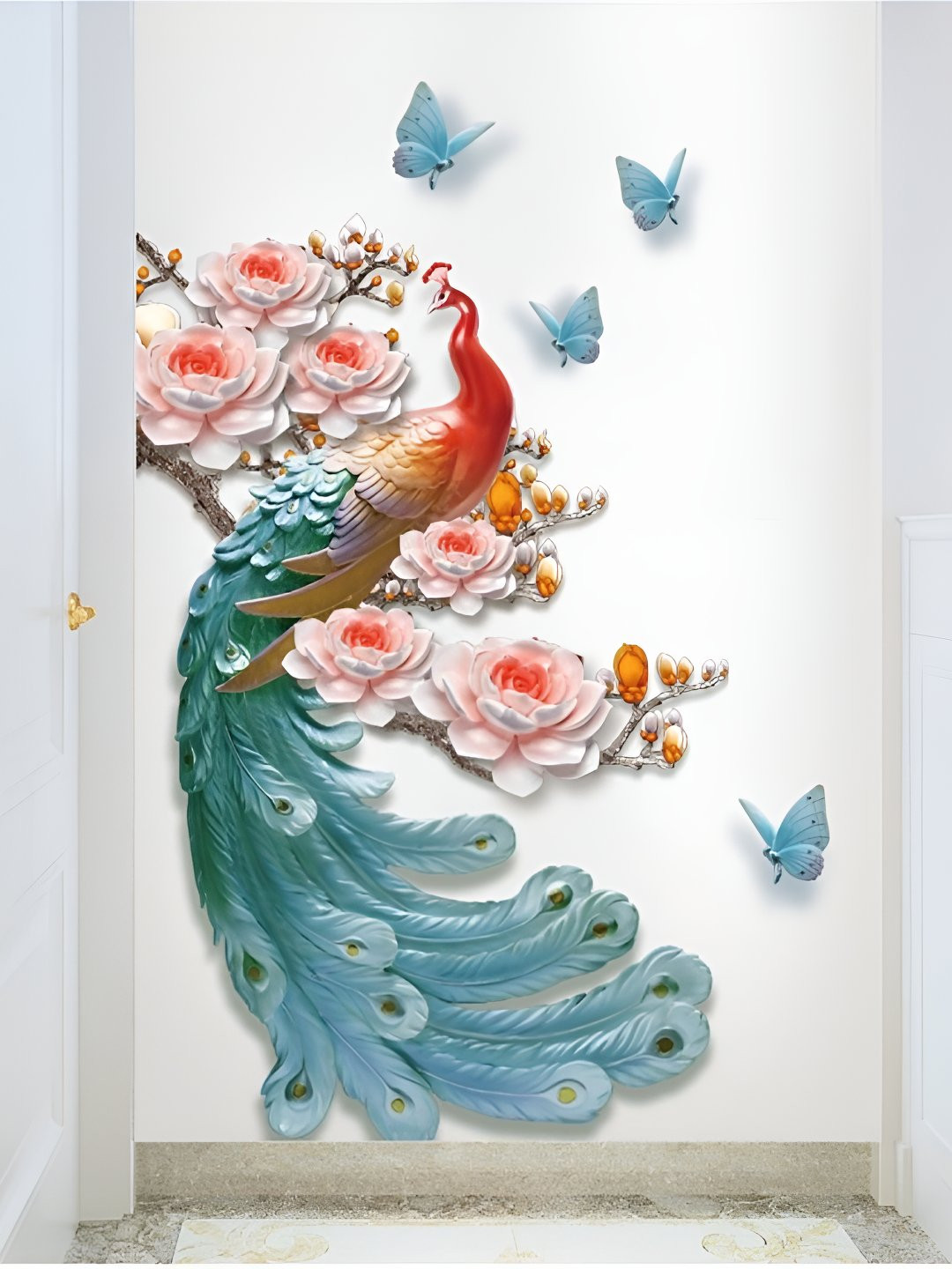 INDIAN ROYALS Blue & Red Peacock Printed Self-Adhesive & Durable Wall Sticker