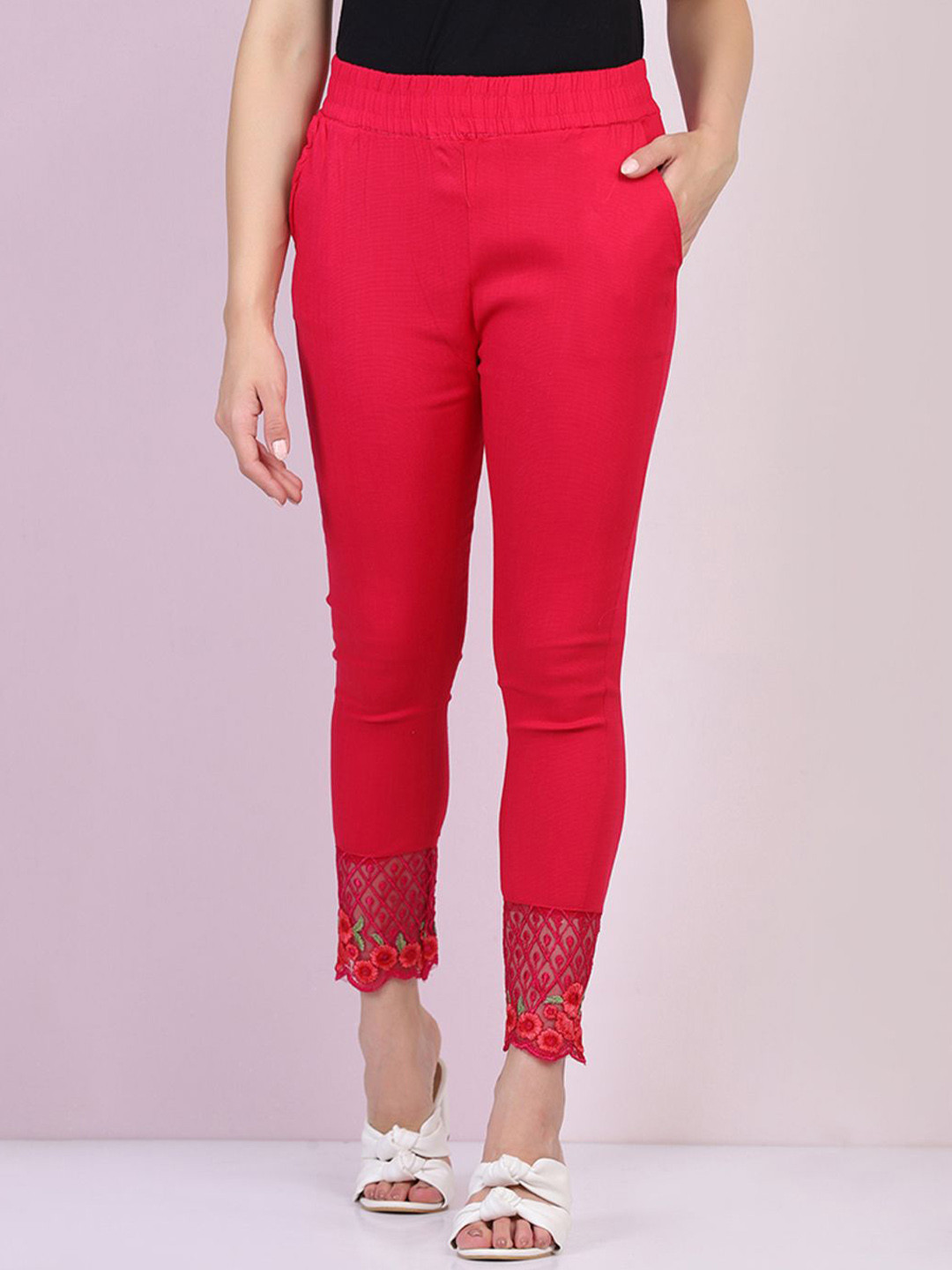 BUY NEW TREND Mid Rise Skinny Fit Cotton Trousers With Lace Details